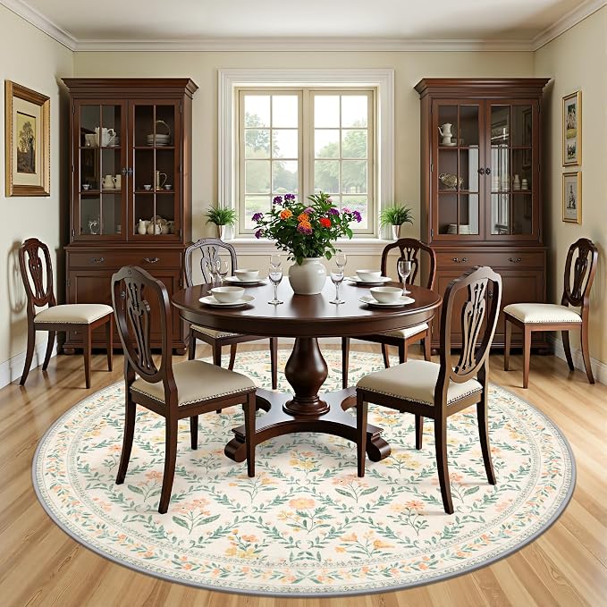 PLHXFR Round Area Rug Living Room: 8 ft Floral Washable Carpet Beige Multi | - Image 3