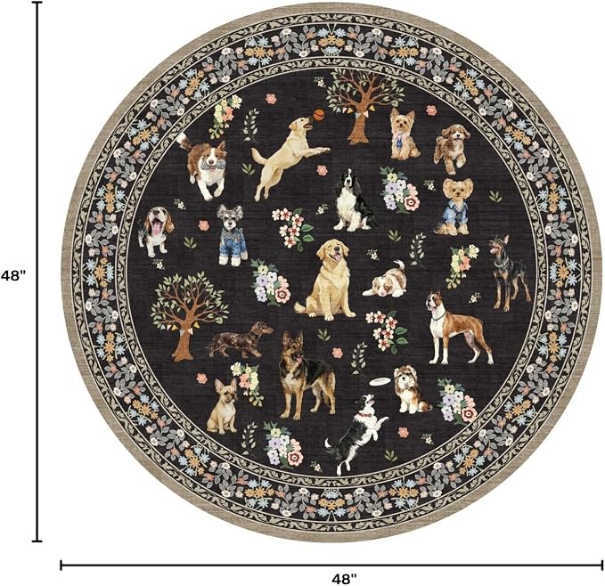 Black 4Ft Round Dogs Area Rug for Living Room Bedroom | Stain Resistant; Non - Image 2