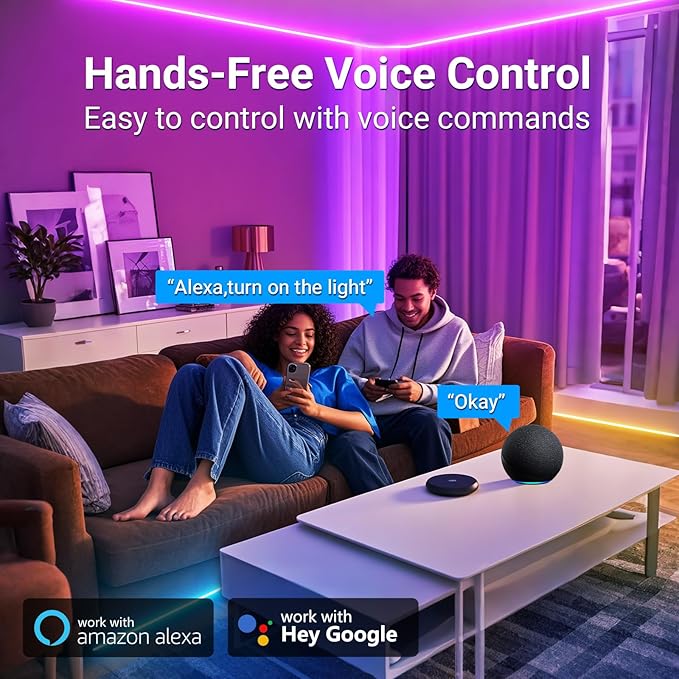 hyrion Smart LED Lights for Bedroom 100ft, Voice Control Strip Lights with Alexa and Google Assistant, RGB Color Changing, Music Sync WI-FI Led Lighting with App Controlled for Room Decor(2 * 51ft)