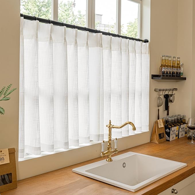 Beige White Linen Kitchen 24 Inch Curtain 2 Panels Pinch Pleat | Off White - Image 6
