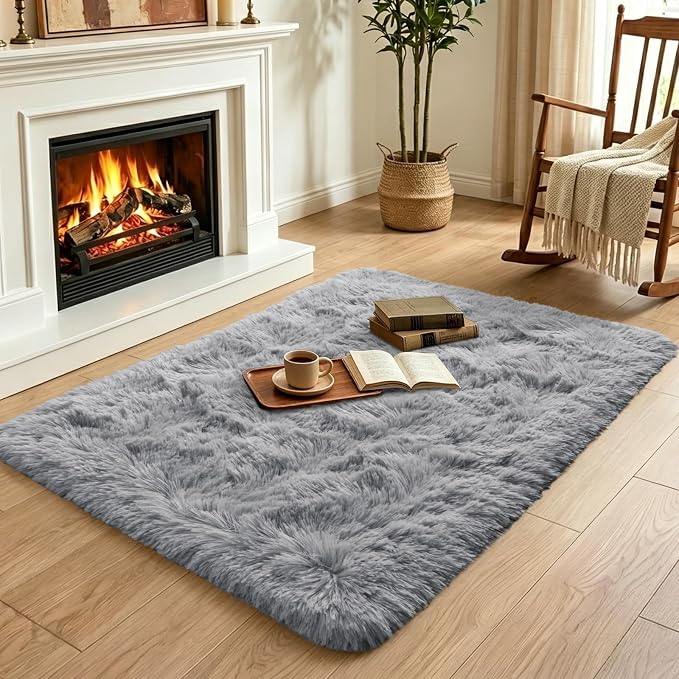 2x3 Grey Fluffy Soft Area Rug Non-Slip - Image 4