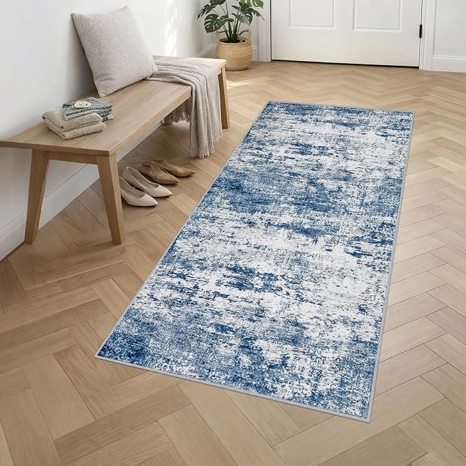 3x8 Washable Runner Rug：Modern Abstract Kitchen Soft Carpet Blue | - Image 3