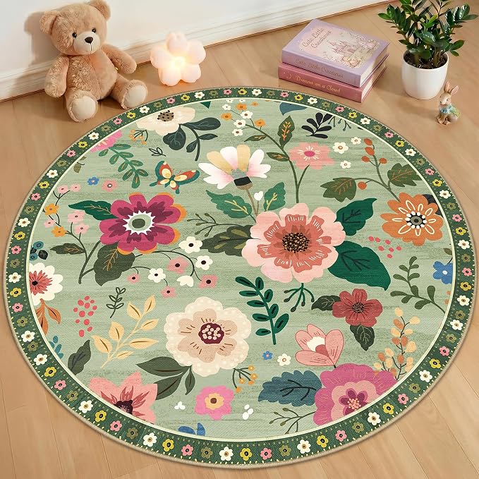 RELEANY Floral Washable Round 4ft Area Rug LightGreen | Flower Carpet Print by RELEANY