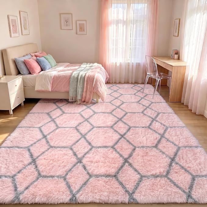6x9 Area Rugs for Living Room Bedroom, Fluffy Pink and Grey Geometric Rug | - Image 5