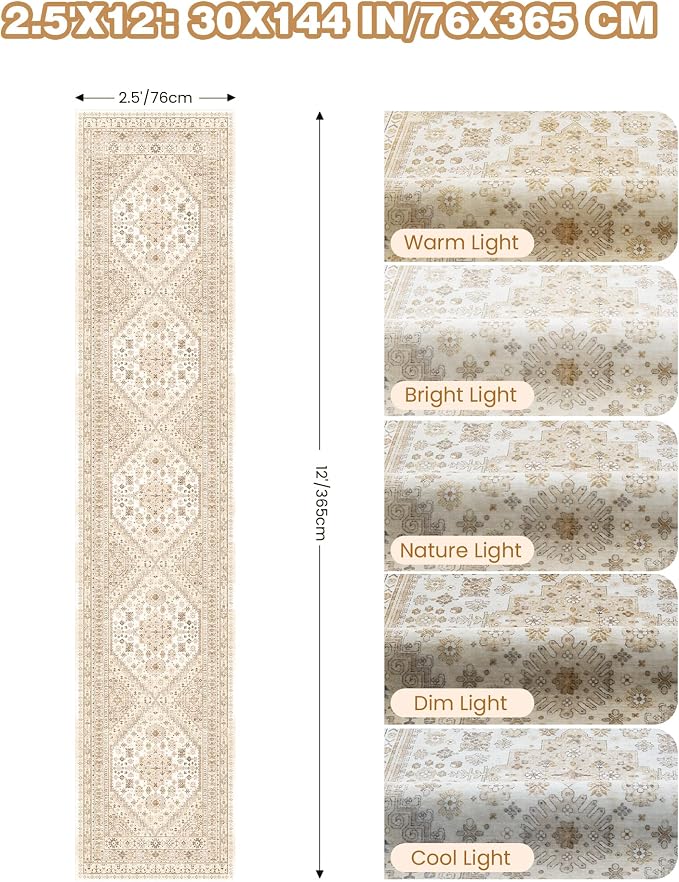 Runners for Hallway 12ft, Non-Slip Long Bathroom Rugs, Cream/Beige | Rugs - Image 2