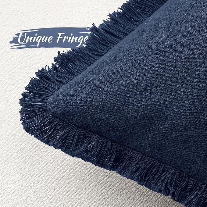 MIULEE Boho Linen Fringe Decorative Throw Pillow Covers Dark Navy 20x20 | Set - Image 3