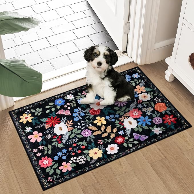 PLHXFR 2x3 Small Entryway Rug: Floral Washable Indoor Soft Carpet Black | - Image 2