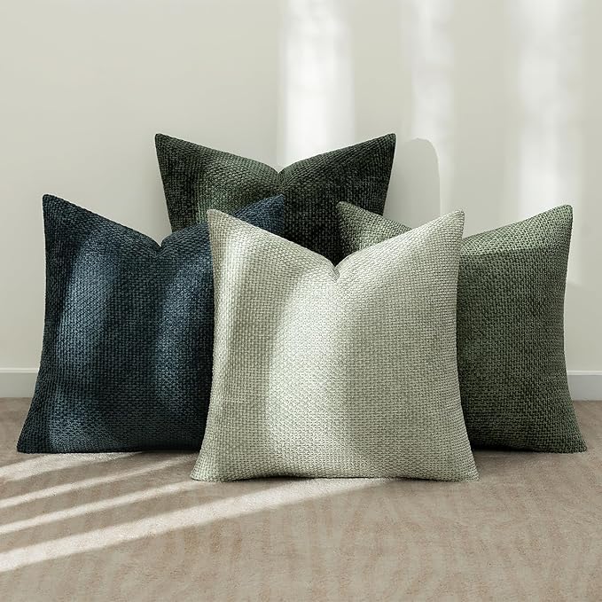 MIULEE Soft Decorative Chenille Pillow Covers Green Navy 18x18 Pack of 4 | - Image 3