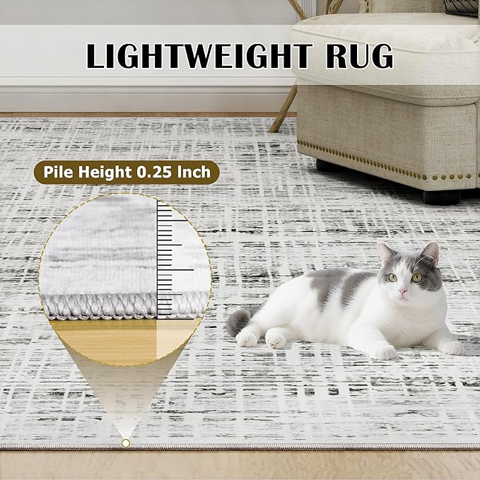 9x12 Washable Area Rug for Living Room Bedroom: Non-Slip Modern White Gray | - Image 7