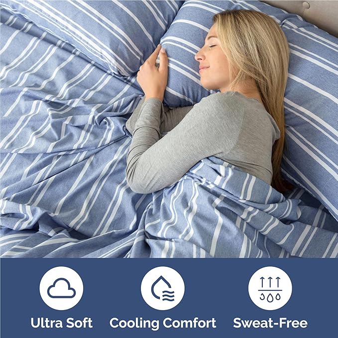 Full 6 Piece Sheet Set - Comfy Breathable & Cooling - Soft Hotel Luxury Bedding Set with 8-16 Inch Deep Pockets - 1 Flat & 1 Fitted Sheet & 4 Pillowcases - Wrinkle Free & Easy Care - Blue Stripes 3