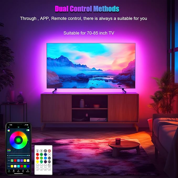 PANGTON VILLA LED Lights for TV 70-85 Inch, 18FT ICRGB TV LED Backlight Kit Work with APP & Remote Control, Music Sync TV LED Lights, TV Lights Behind, USB Powered, Rainbow