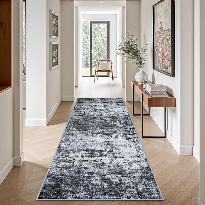2.6x8 Washable Runner Rug：Modern Abstract Kitchen Carpet Black | - Image 4
