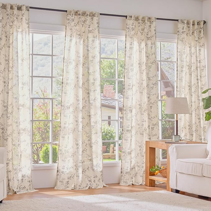 Grey Vintage Floral Linen Curtains Farmhouse 38W X 90L 2 Panels | Elisa Series - Image 6
