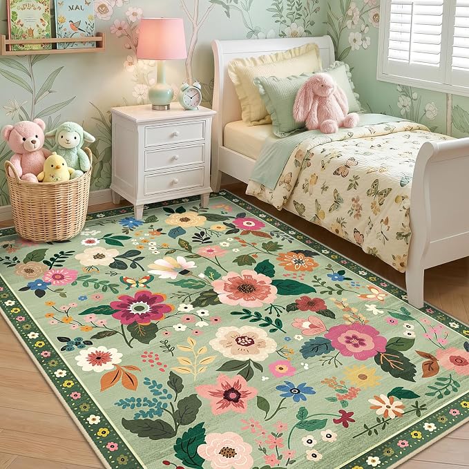 RELEANY Floral Washable 4x6 Area Rugs LightGreen | Flower Carpet Print Boho - Image 2