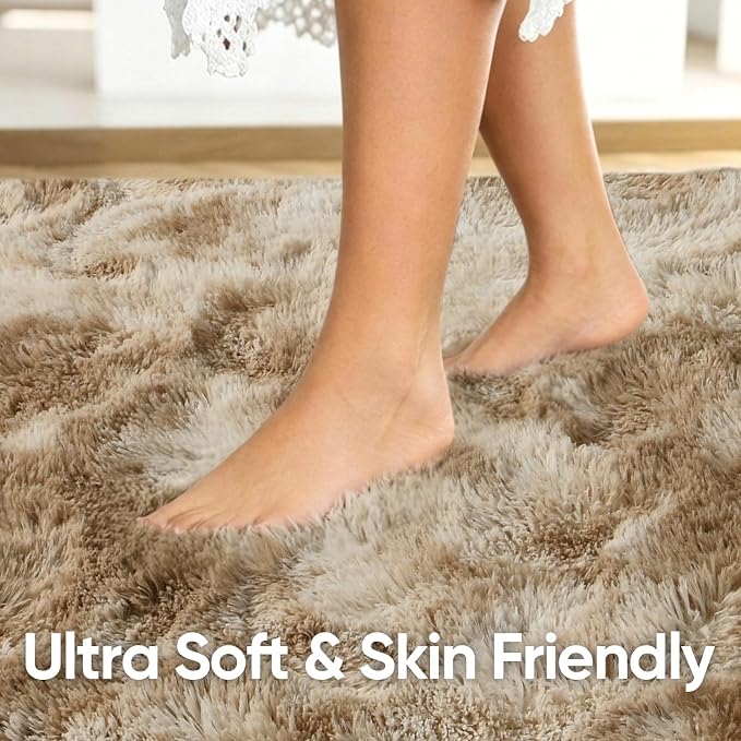 8x10 Extra Large Tie-Dyed Beige Fluffy Area Rug Non-Slip - Image 5
