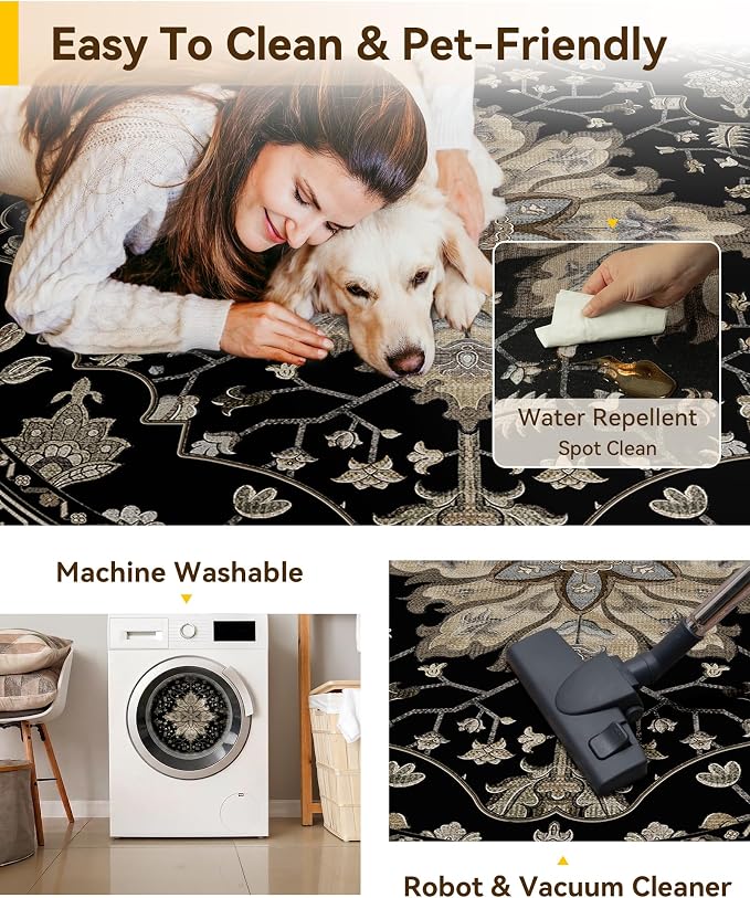 RELEANY Washable Area Rug, Round 7ft, Water Repellent, Pet Friendly, Vintage - Image 4