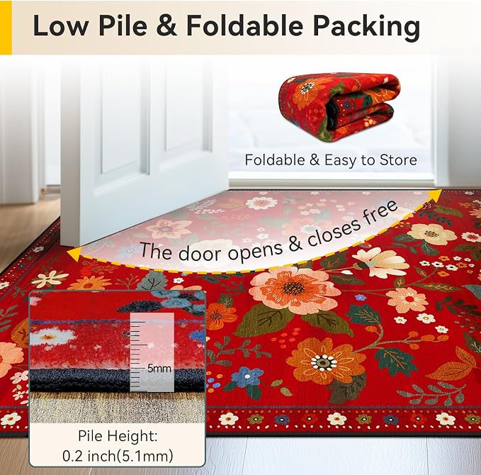 Floral Washable 5x7 Area Rugs Red/Orange | Flower Carpet Print Boho Cute Non - Image 5