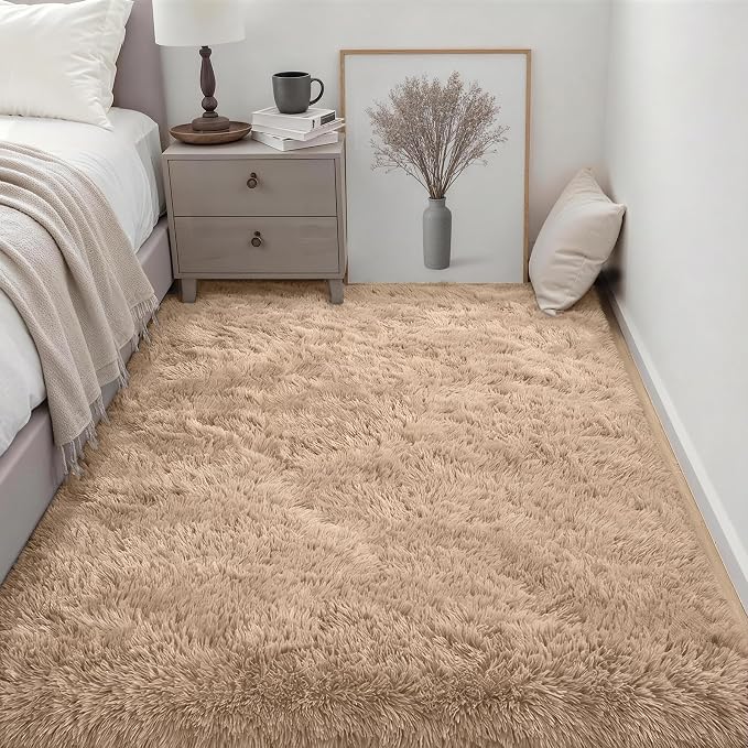 Area Rug Living Room Bedroom: 4x6 Fluffy Plush Shag Carpet Beige | - Image 3