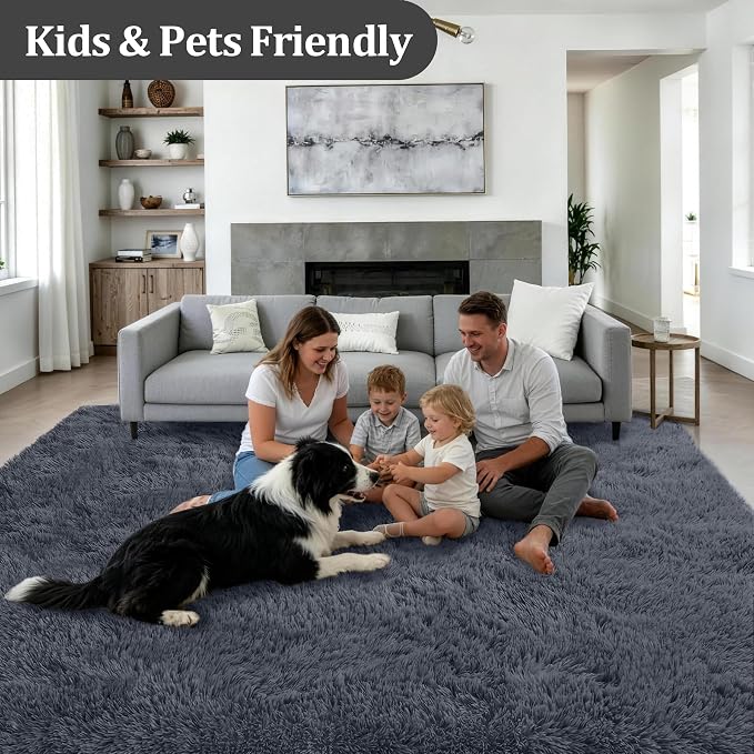 Area Rug Living Room Bedroom: 6x9 Fluffy Plush Shag Carpet Grey | - Image 4