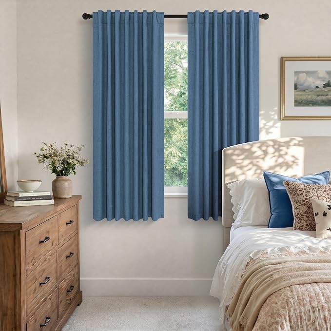 Denim Blue Living Room Darkening Curtains 72 Inches Long 2 Panels Set Faux - Image 3