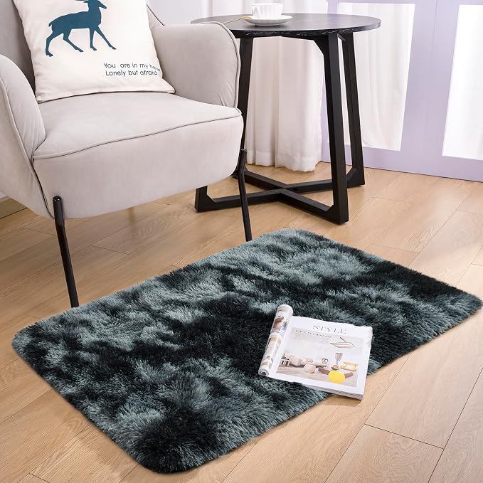 2x3 Tie-Dyed Black and Grey Fluffy Area Rug Non-Slip - Image 3