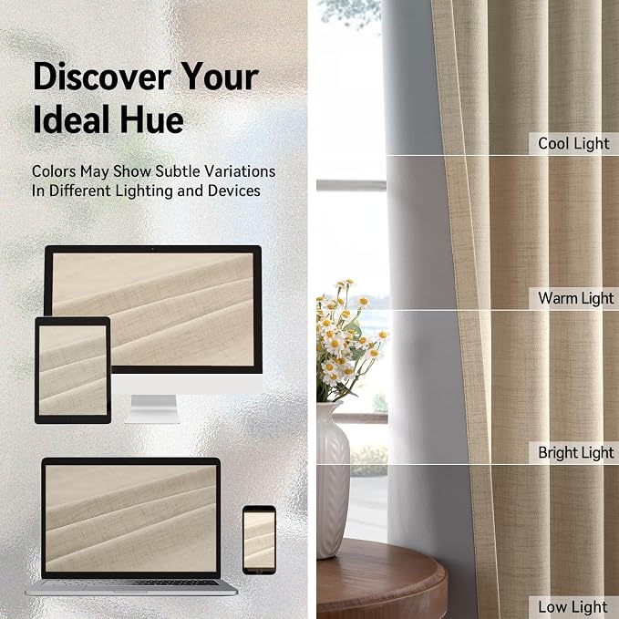 100% Blackout Linen Textured Curtains 90 Inch Long, Natural Flax | 100% - Image 8