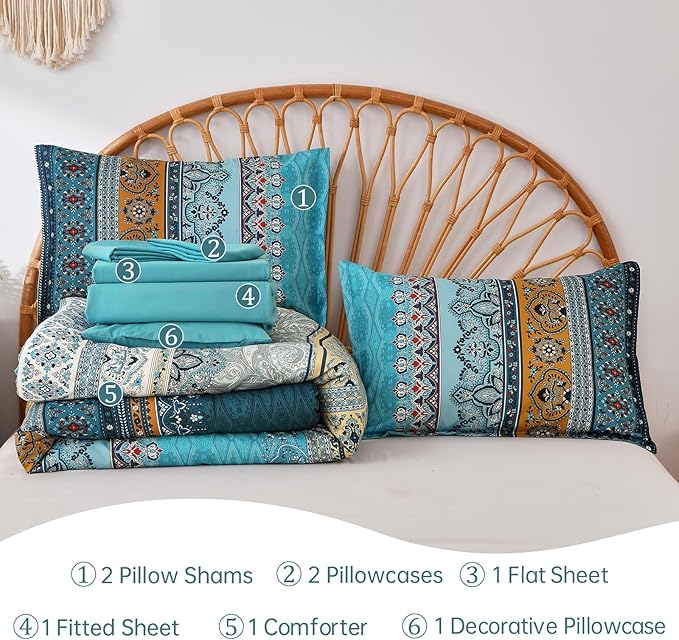 Boho Full Comforter Set 8 Pieces,Teal and Yellow Bohemian Comforter Paisley Striped Bed in A Bag,Soft Microfiber Bedding Set for All Season