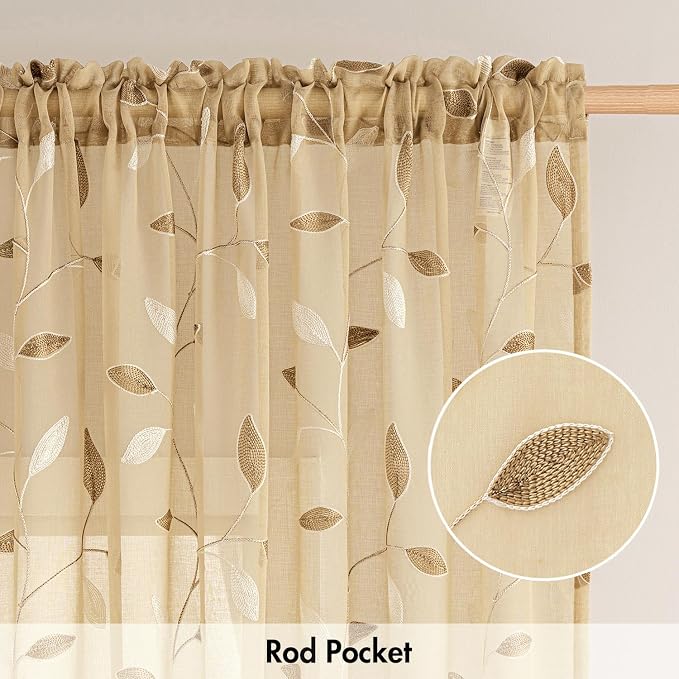 MIULEE Khaki Sheer Curtains 2 Panels Embroidered Leaf Patterned, W52 x L96 | - Image 6