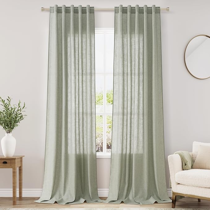 Sage Green Semi Sheer Curtains 108 Inches Long 2 Panels Set Back Tab Loop by Nanspring