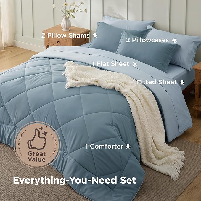 Bedsure Full Comforter Set - 7 Pieces Reversible Grayish Blue Bedding, Full Size Bed Set for All Seasons, Bed in a Bag with Down Alternative Comforter, Sheets, Pillowcases & Shams