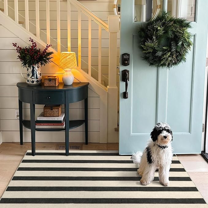 Black and White Striped Entry Rug, 3x5 Non-Slip Indoor Outdoor Rugs | Washable - Image 8