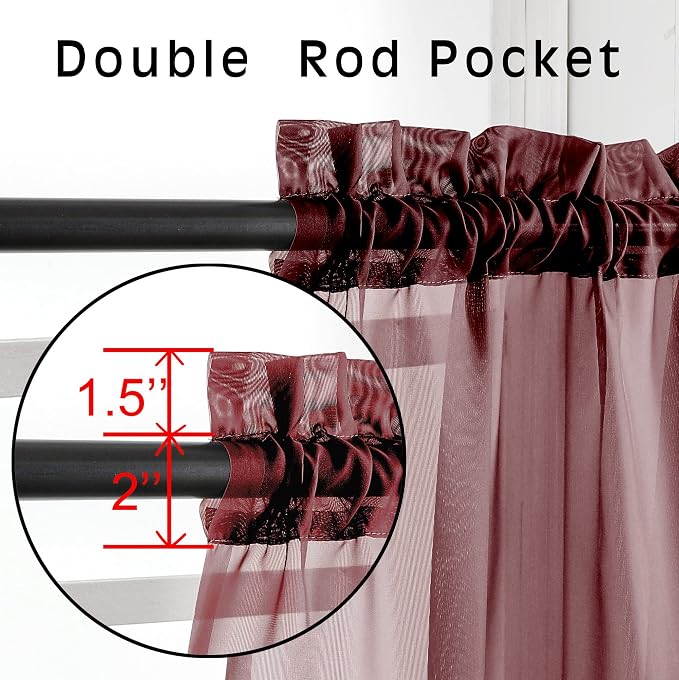 Burgundy Sheer Curtains 63 inch Length 2 Panels Set - Image 4