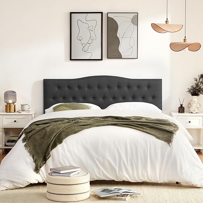 Tufted Upholstered Headboard King Size, Sturdy and Durable Solid Wood Bed headboard, Fabric Headboard Adjustable Height from 37” to 51”, Modern Button Diamond Design Head Board, Black