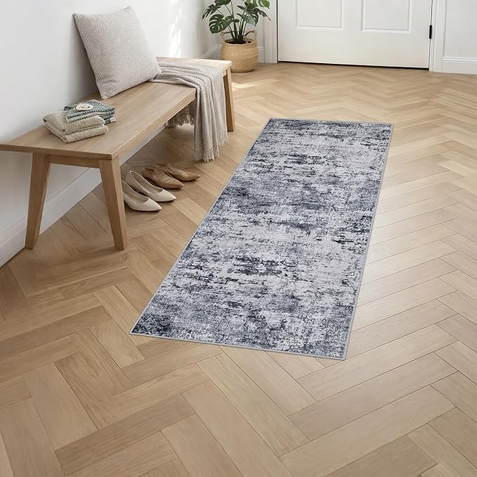 2x5 Washable Runner Rug：Modern Abstract Kitchen Soft Carpet Grey | - Image 3