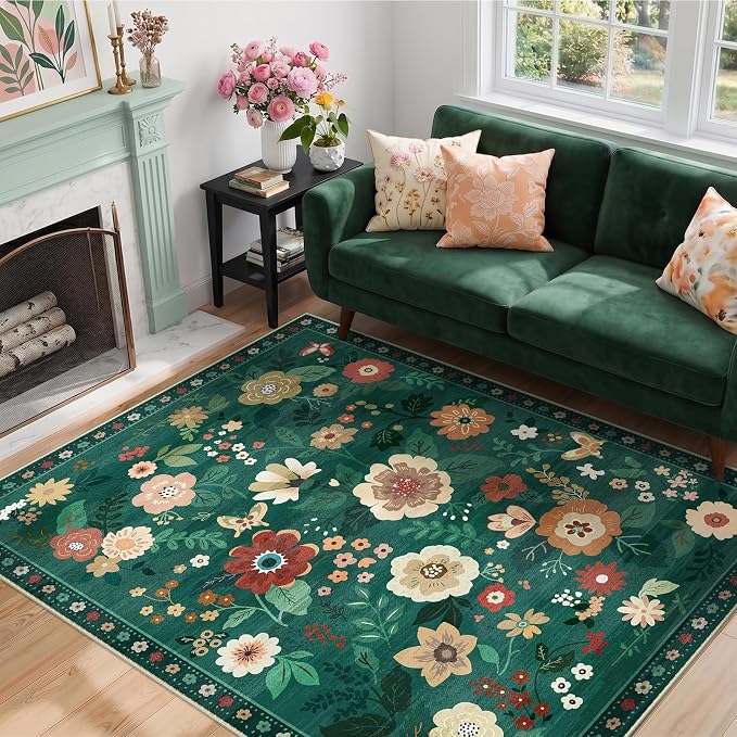 RELEANY Floral Washable 4x6 Area Rugs DarkGreen | Flower Carpet Print Boho Cute - Image 8