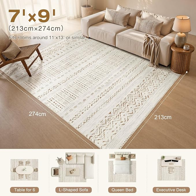 cotiled Boho 7x9 Area Rug for Living Room: Large Moroccan Washable Rug | Solve - Image 9