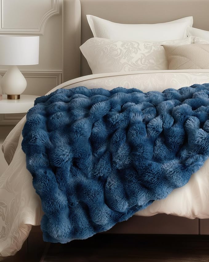 Ultra Soft Cozy Faux Fur Throw Blanket, Fuzzy Plush Thick Bubble Blanket by blunique
