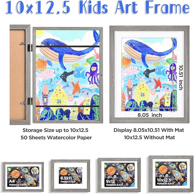 KINLINK 10x12.5 Kids Art Frames Set of 2, Solid Wood Kids Artwork Frames Changeable with Acrylic Front Opening Holds 150 Pictures, Art Frame for Kids Artwork with Mat or without Mat, Grey