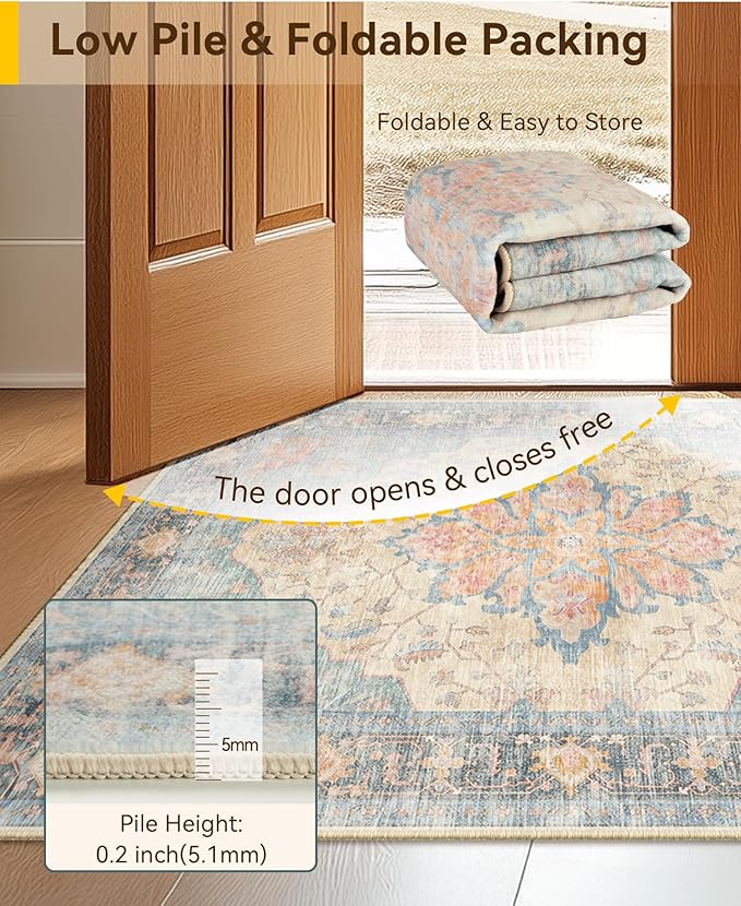 RELEANY Washable Area Rug, Water Repellent, Pet Friendly, Vintage Floral Boho - Image 4