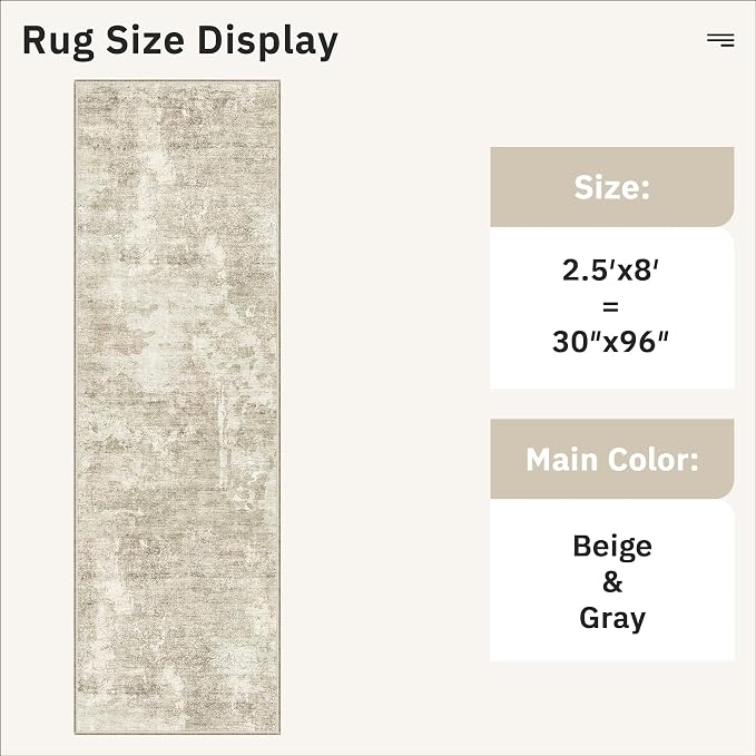 Soalmost Runner Rug 2'6"x8' Kitchen Hallway Runners Abstract Beige/Gray | - Image 5