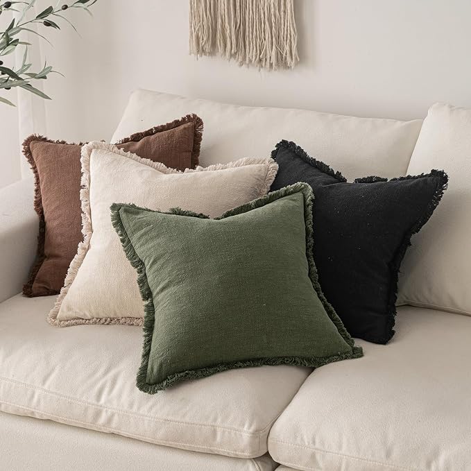 MIULEE Boho Linen Fringe Decorative Euro Throw Pillow Covers Black 24x24 | Set - Image 5
