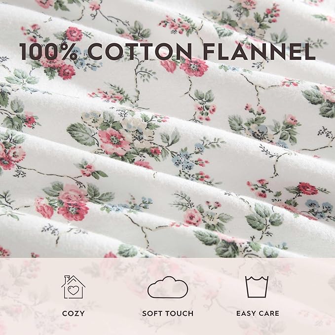 Laura Ashley - Flannel Sheets Queen Size, Anti-Pilling & Wrinkle Resistant Cotton, Touchably Soft for All-Season Comfort - Bed Sheets with Matching Pillowcases & Fitted Sheet (Le Fleur Pink)