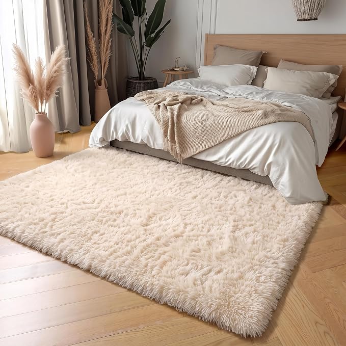 Amdrebio Beige Boho Fluffy Area Rug 5x8 - Image 3