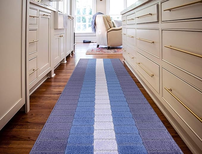 Custom Size Coastal Nautical Style Runner Rug Carpet for Hallway Entryway, Slip Resistant Latex Rubber Backed, 31 inch Wide X Customized Length, Squares Blue, 31 inch X 31 feet