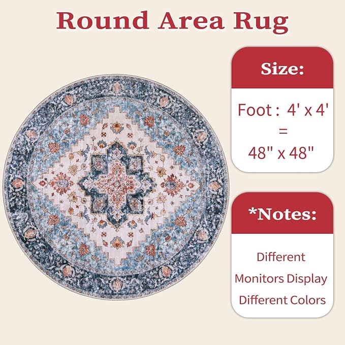 SERISSA 4ft Washable Non Slip Round Boho Area Rug - Image 6