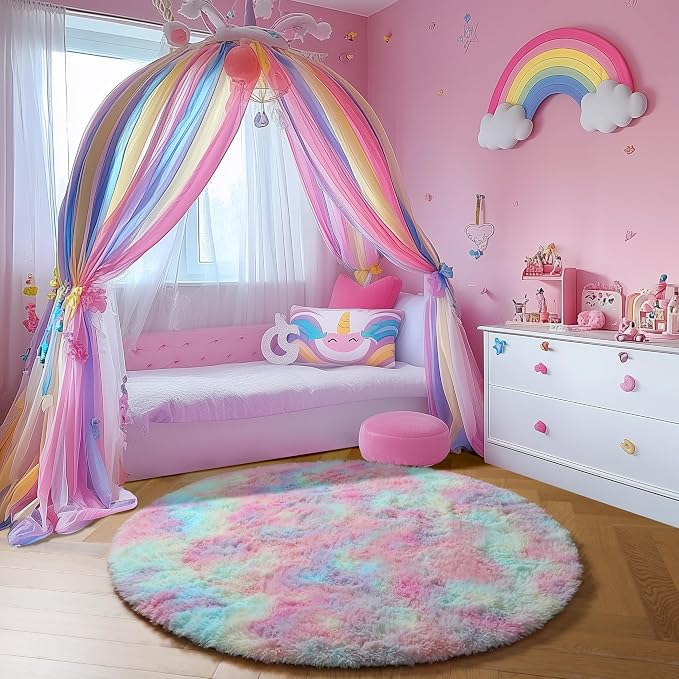 Amdrebio Rainbow Unicorn Pastel Circle Round Rug 4Ft - Image 4