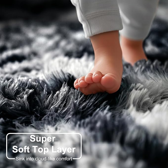 Amdrebio Black White Grey Large Fluffy Rug 6x9 - Image 2