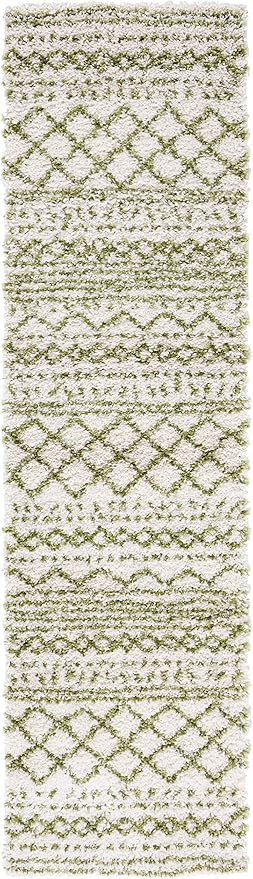 SAFAVIEH Arizona Shag Collection Runner Rug - 2'3" x 10', Ivory & Green, Moroccan Design, Non-Shedding & Easy Care, 1.6-inch Thick, Ideal for The Living Room, Bedroom, Dining Room (ASG741Y-210)