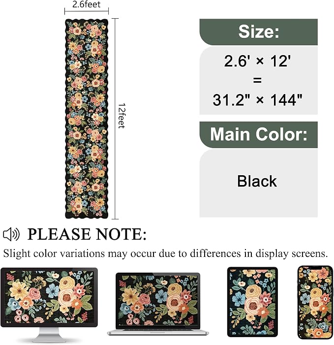 DUKINO 2.6x12 Washable Runner Rug, Floral Non Slip Long Kitchen Rug, Stain - Image 2