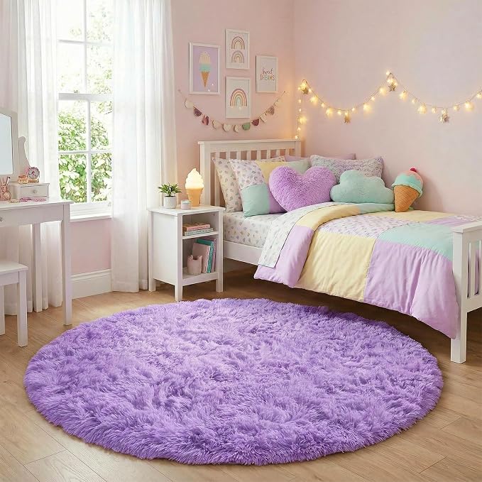 Amdrebio Purple Furry Big Round Kids Rug 6Ft - Image 5